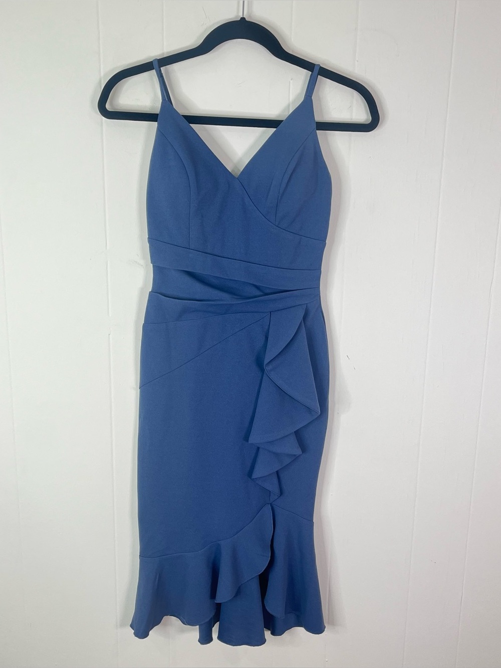 Emerald Sundae Blue Ruffle Dress XS Juniors Surplice Bodycon Adjustable Strap
